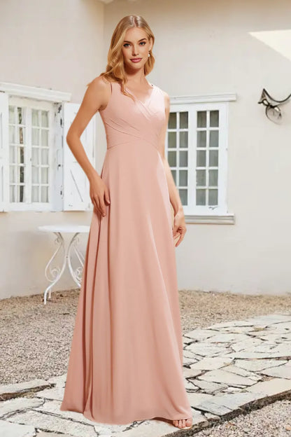 Dressime A Line V Neck Chiffon Pleated Long Bridesmaid Dress With Bow dressime