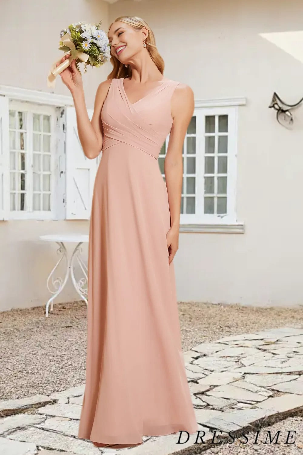 Dressime A Line V Neck Chiffon Pleated Long Bridesmaid Dress With Bow dressime