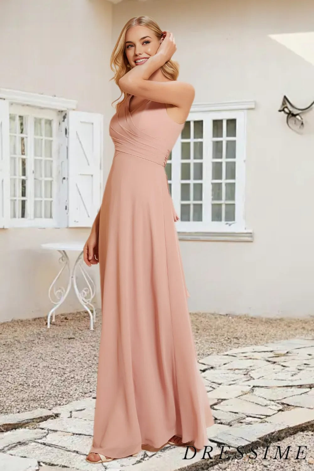 Dressime A Line V Neck Chiffon Pleated Long Bridesmaid Dress With Bow dressime