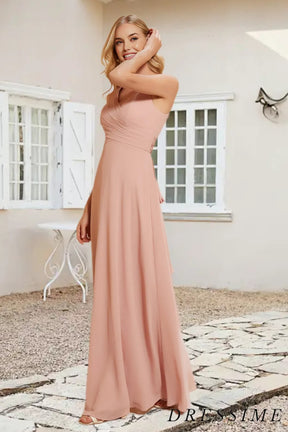 Dressime A Line V Neck Chiffon Pleated Long Bridesmaid Dress With Bow dressime