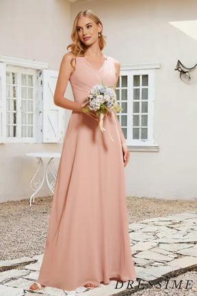 Dressime A Line V Neck Chiffon Pleated Long Bridesmaid Dress With Bow dressime