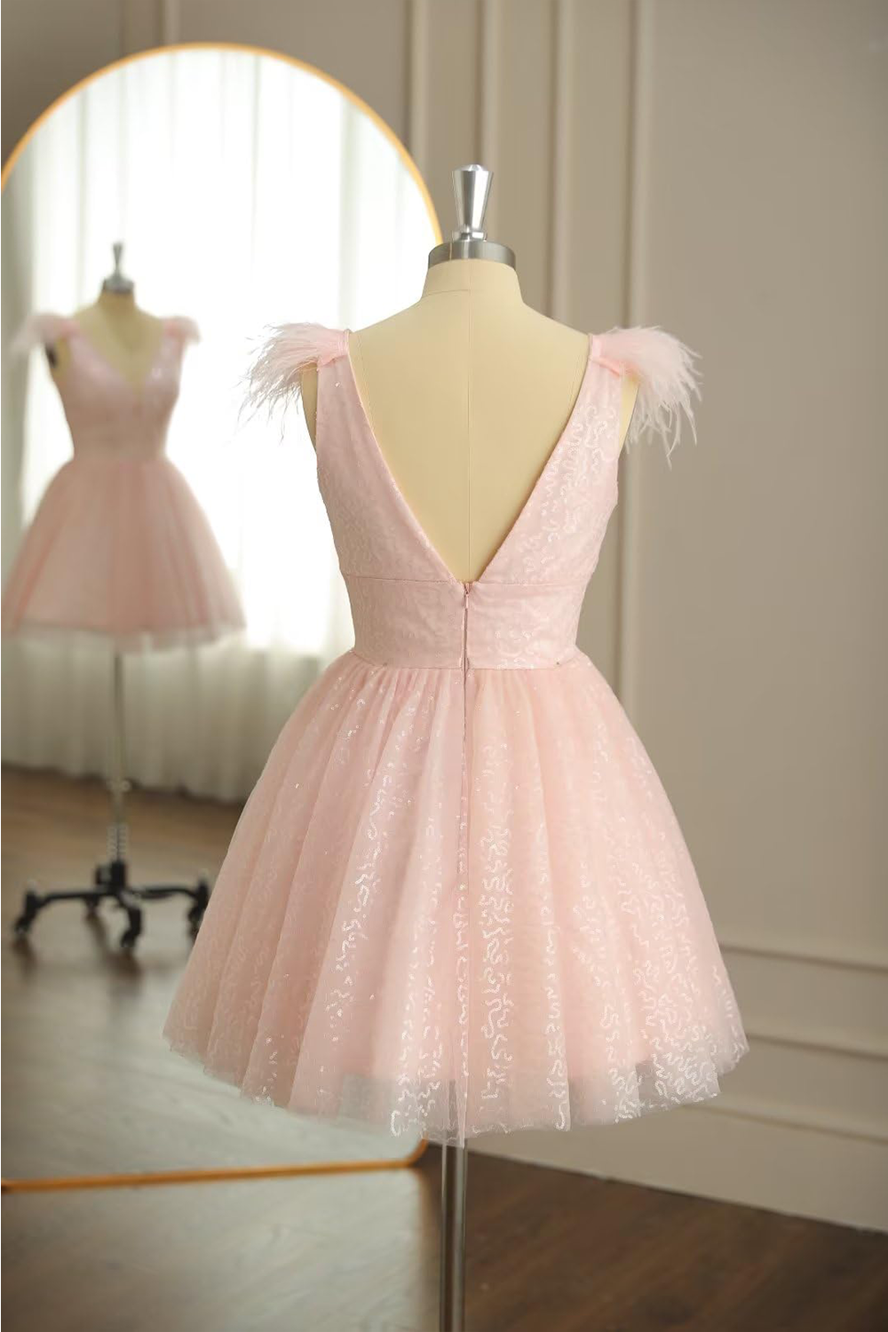 dressimeA Line V Neck Feather Homecoming Dress, Tulle Short Cocktail Dresses 