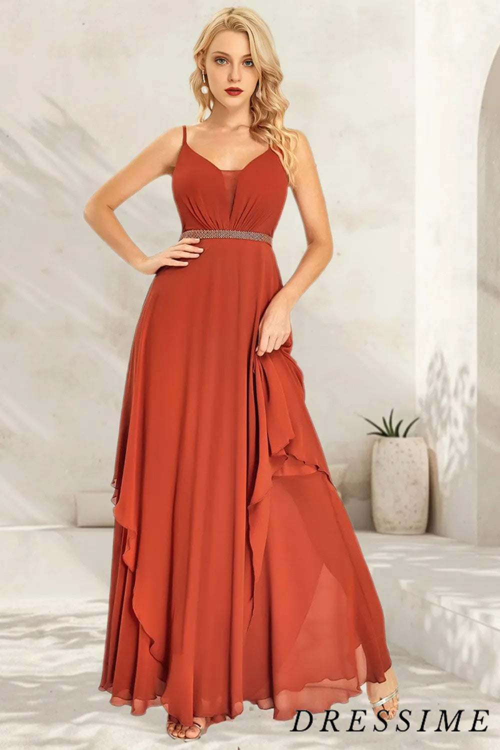 Dressime A-Line V-Neck Floor-Length Chiffon Long Bridesmaid Dress dressime