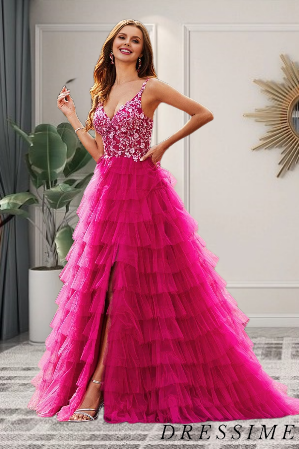 Dressime A Line V Neck Lace Appliques Ruffle Tiered Long Prom Dresses dressime