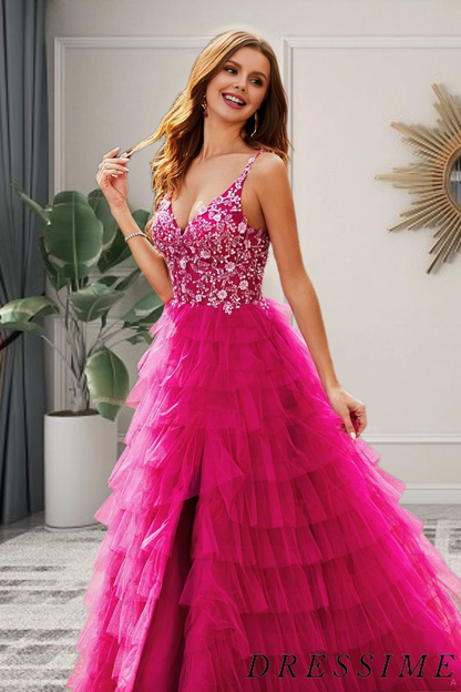 Dressime A Line V Neck Lace Appliques Ruffle Tiered Long Prom Dresses dressime