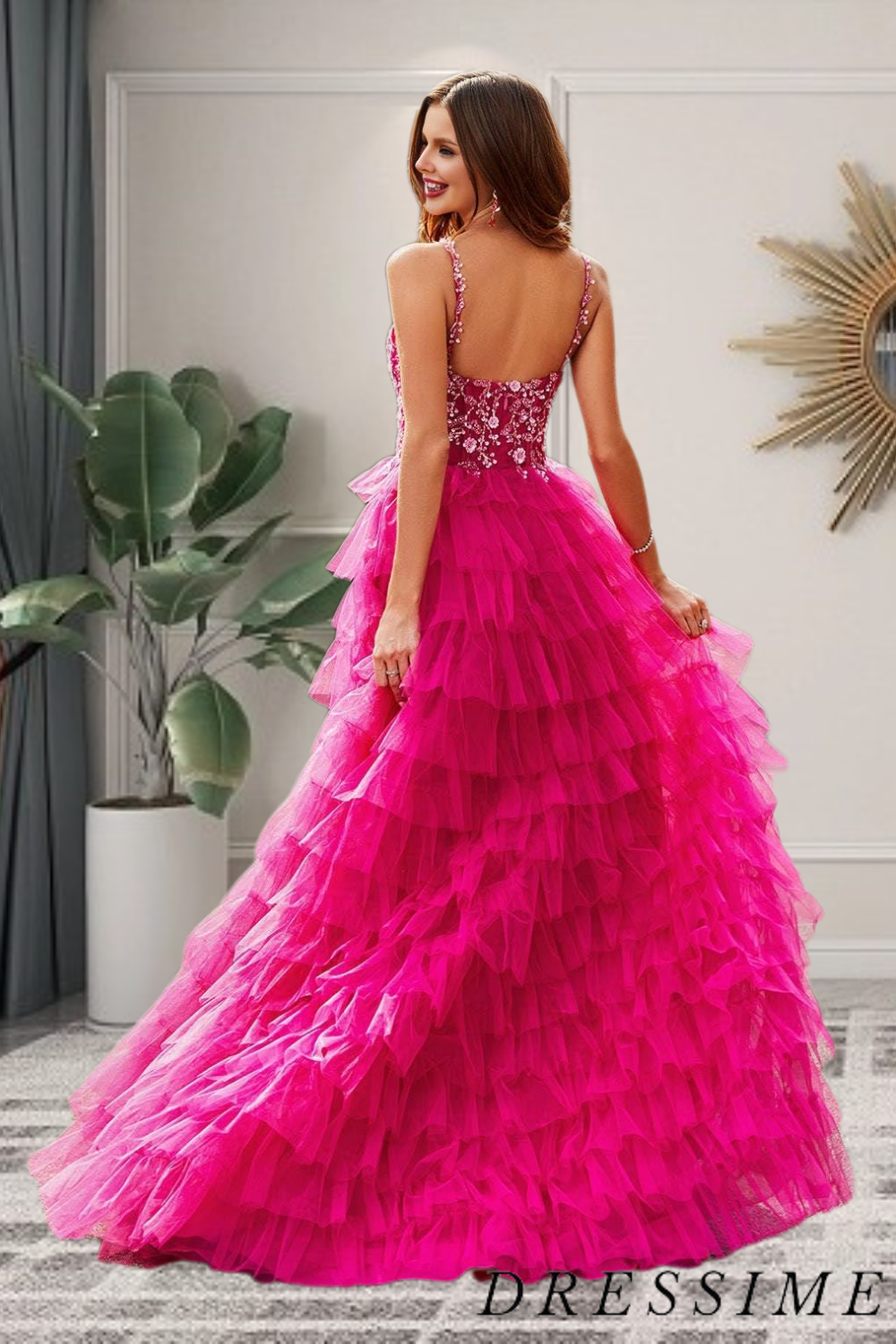 Dressime A Line V Neck Lace Appliques Ruffle Tiered Long Prom Dresses dressime