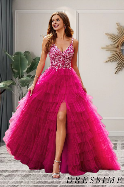 Dressime A Line V Neck Lace Appliques Ruffle Tiered Long Prom Dresses dressime