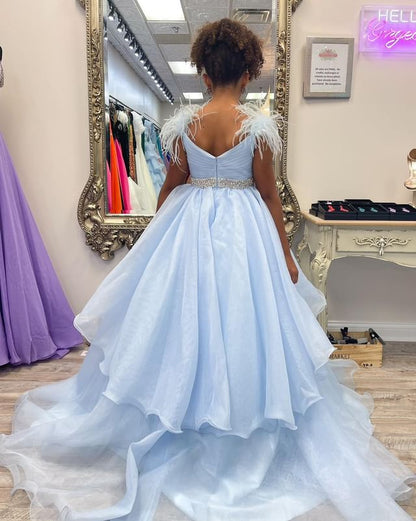 Dressime A Line V Neck Organza Braed Layered Long Girl Pageant Dress With Feather dressime