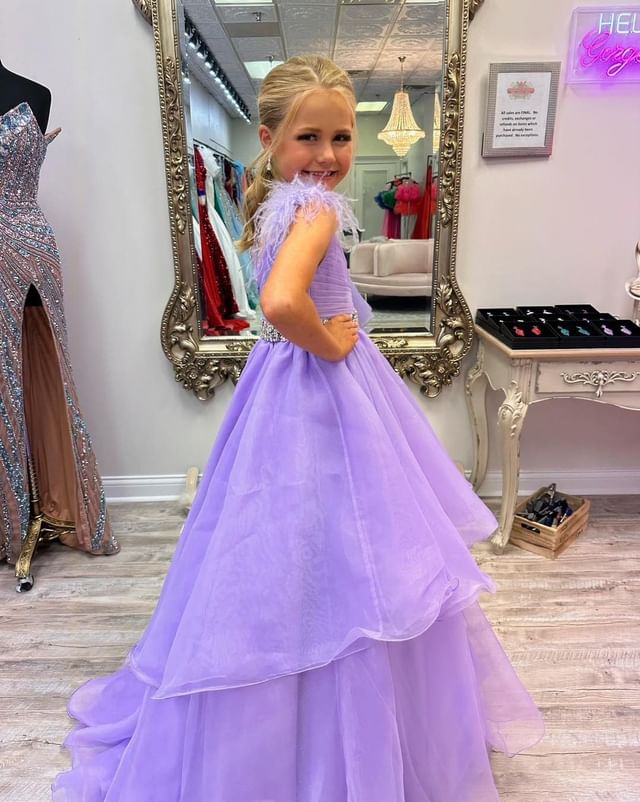 Dressime A Line V Neck Organza Braed Layered Long Girl Pageant Dress With Feather dressime