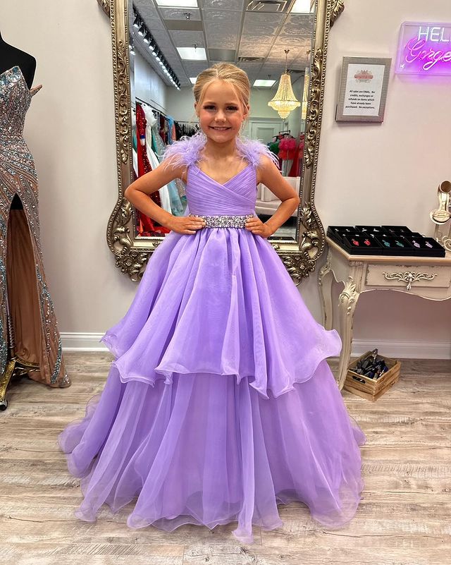 Dressime A Line V Neck Organza Braed Layered Long Girl Pageant Dress With Feather dressime