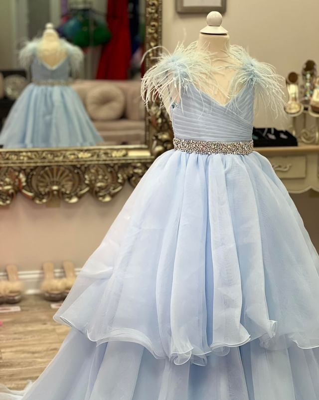 Dressime A Line V Neck Organza Braed Layered Long Girl Pageant Dress With Feather dressime