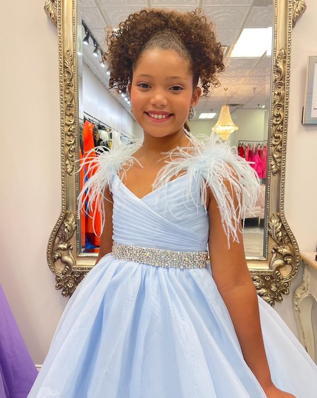 Dressime A Line V Neck Organza Braed Layered Long Girl Pageant Dress With Feather dressime