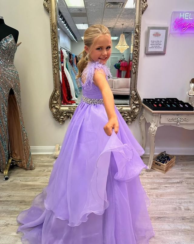 Dressime A Line V Neck Organza Braed Layered Long Girl Pageant Dress With Feather dressime