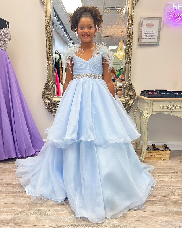 Dressime A Line V Neck Organza Braed Layered Long Girl Pageant Dress With Feather dressime