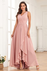 dressimeA Line V Neck Pleated High Low Chiffon Bridesmaid Dresses 