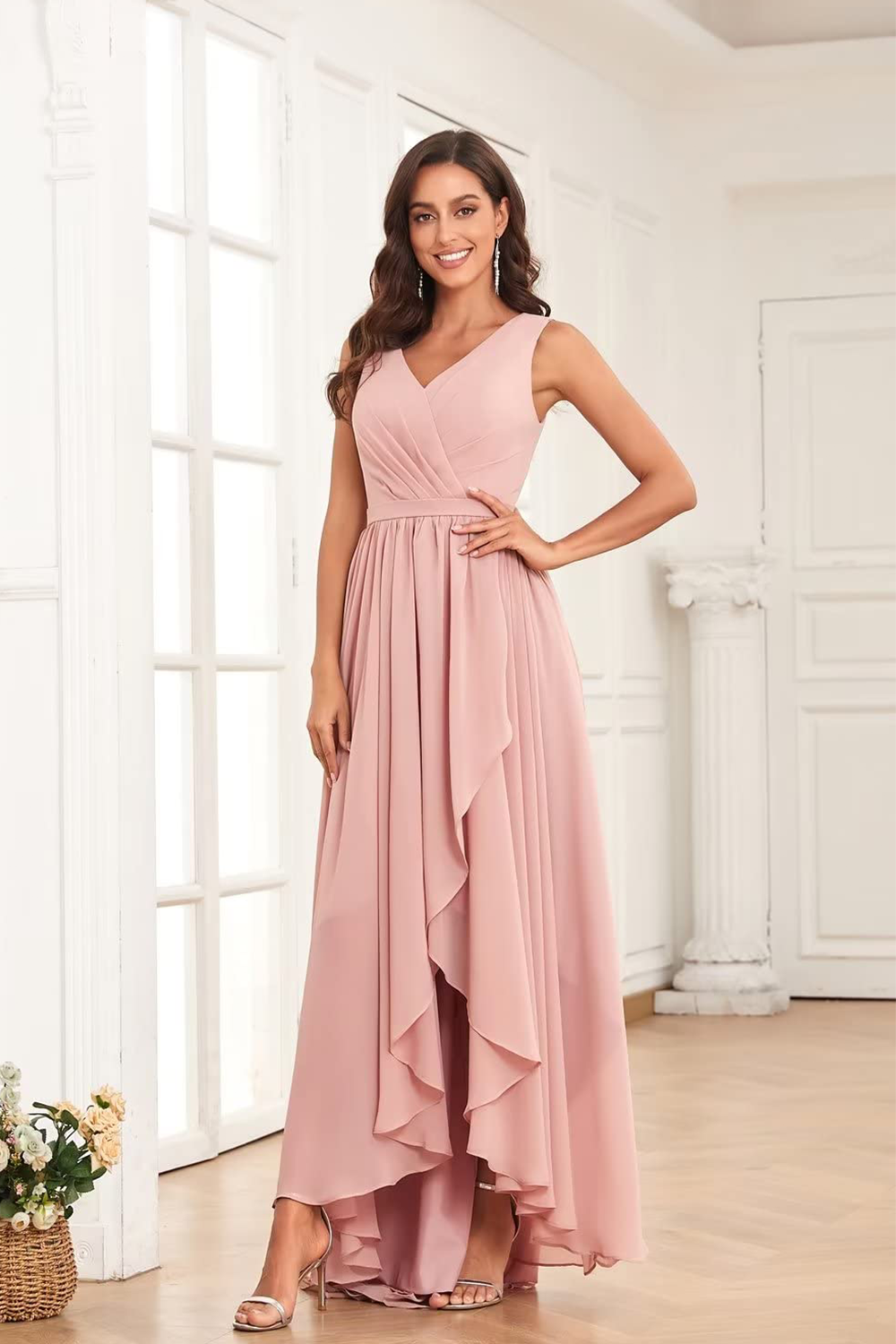 dressimeA Line V Neck Pleated High Low Chiffon Bridesmaid Dresses 