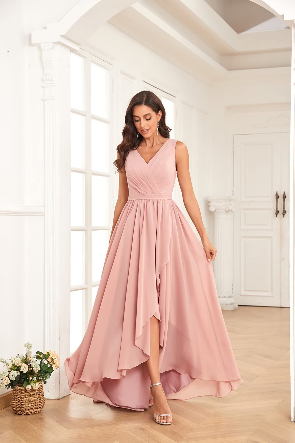 dressimeA Line V Neck Pleated High Low Chiffon Bridesmaid Dresses 