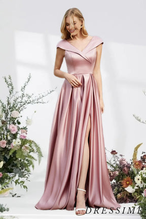 Dressime A Line V Neck Satin Floor Length Bridesmaid Dress With Slit dressime