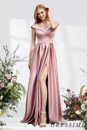 Dressime A Line V Neck Satin Floor Length Bridesmaid Dress With Slit dressime