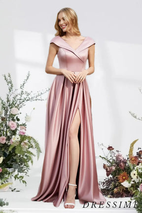 Dressime A Line V Neck Satin Floor Length Bridesmaid Dress With Slit dressime