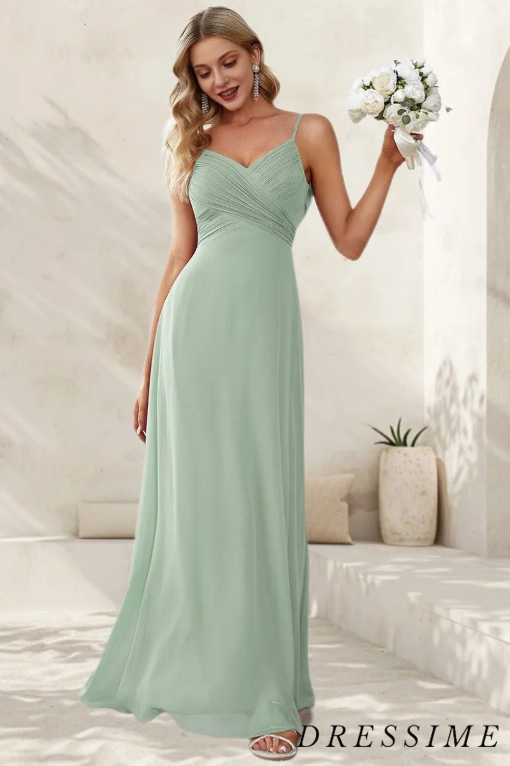 Dressime A Line V Neck Spaghetti Straps Open Back Chiffon Floor Length Bridesmaid Dresses dressime