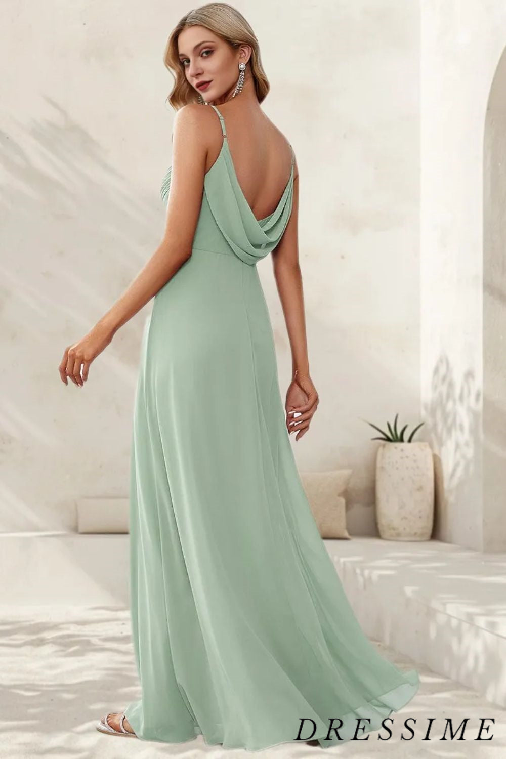 Dressime A Line V Neck Spaghetti Straps Open Back Chiffon Floor Length Bridesmaid Dresses dressime