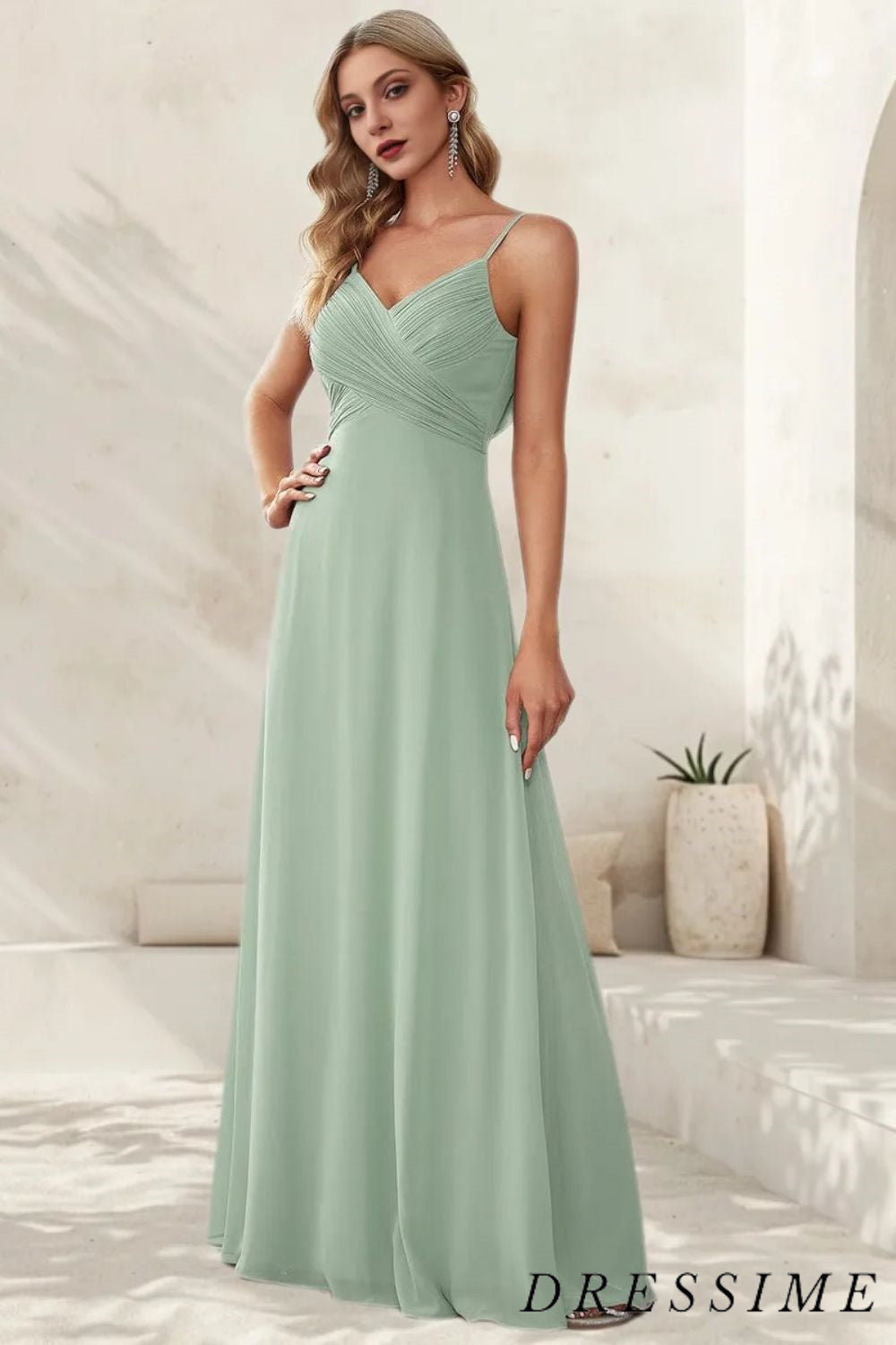 Dressime A Line V Neck Spaghetti Straps Open Back Chiffon Floor Length Bridesmaid Dresses dressime