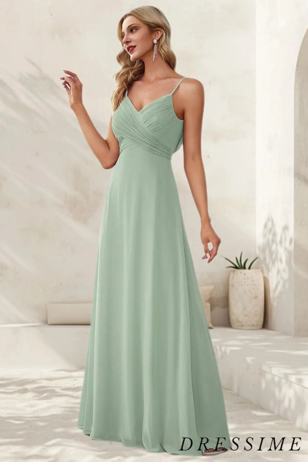 Dressime A Line V Neck Spaghetti Straps Open Back Chiffon Floor Length Bridesmaid Dresses dressime