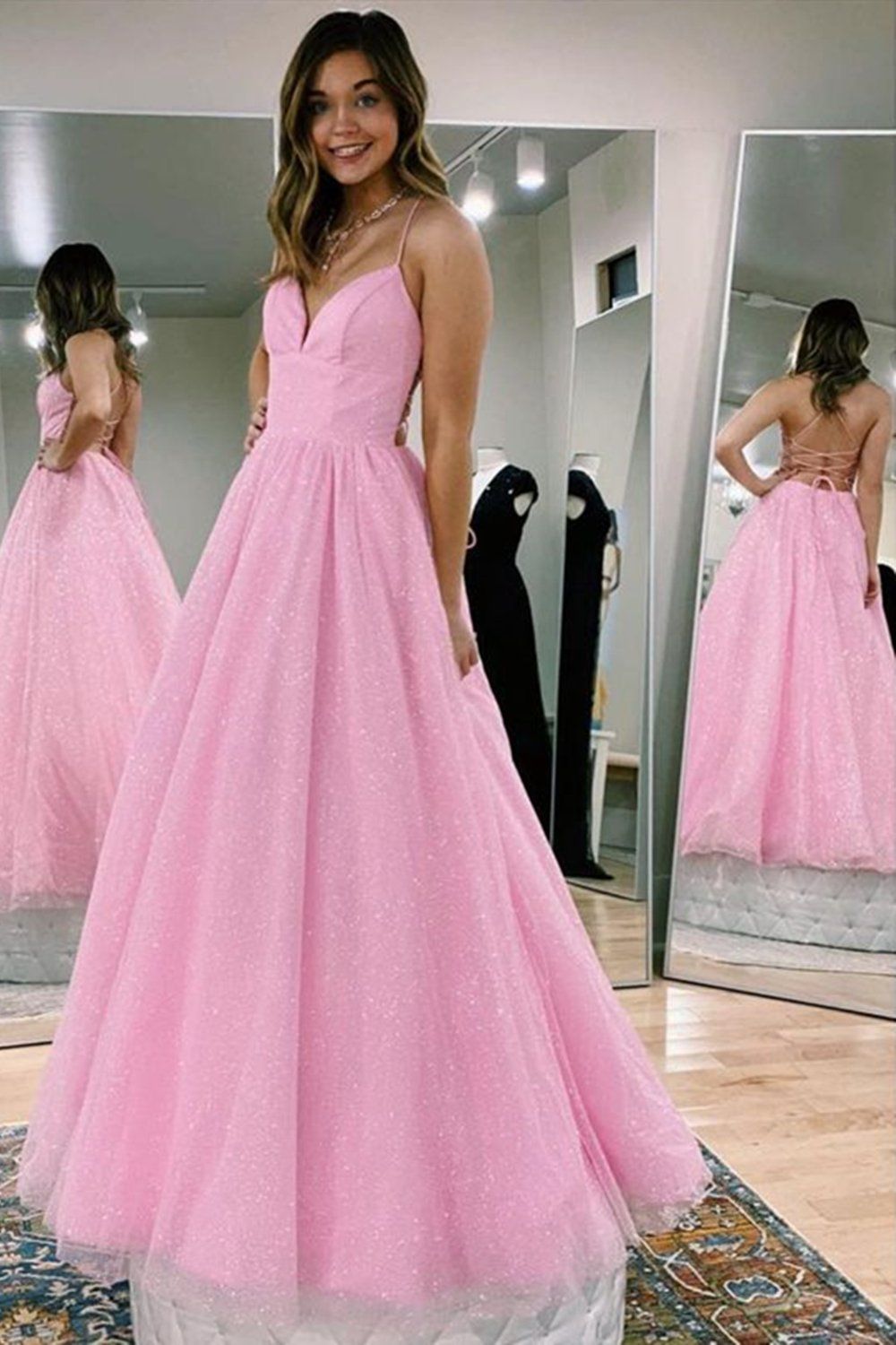 Dressime A Line V Neck Spaghetti Straps Tulle Long Prom Dress dressime