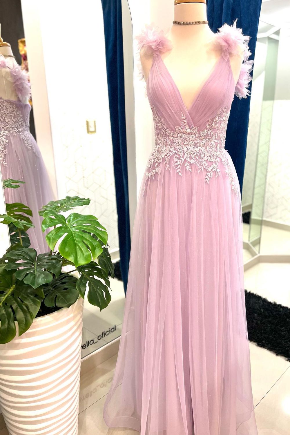 Dressime A Line V Neck Tulle Flower Long Prom Dress with Appliques dressime