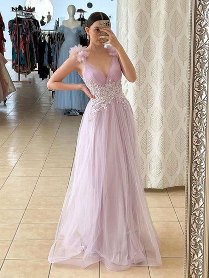 Dressime A Line V Neck Tulle Flower Long Prom Dress with Appliques dressime