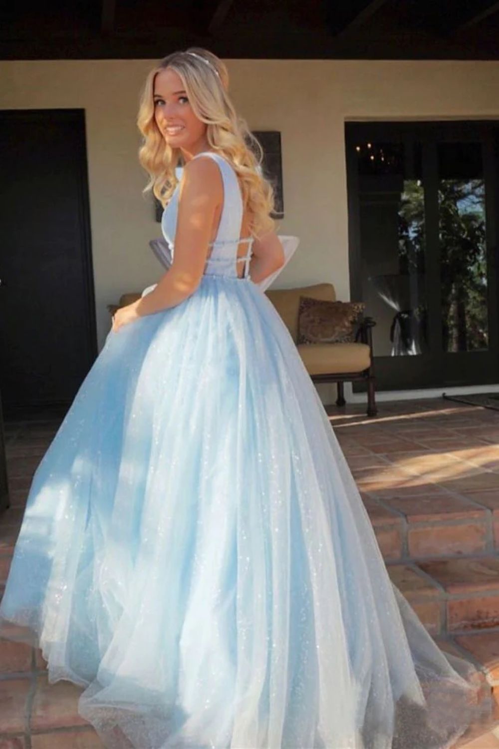 Dressime A Line V Neck Tulle Long Beaded Prom Dress dressime