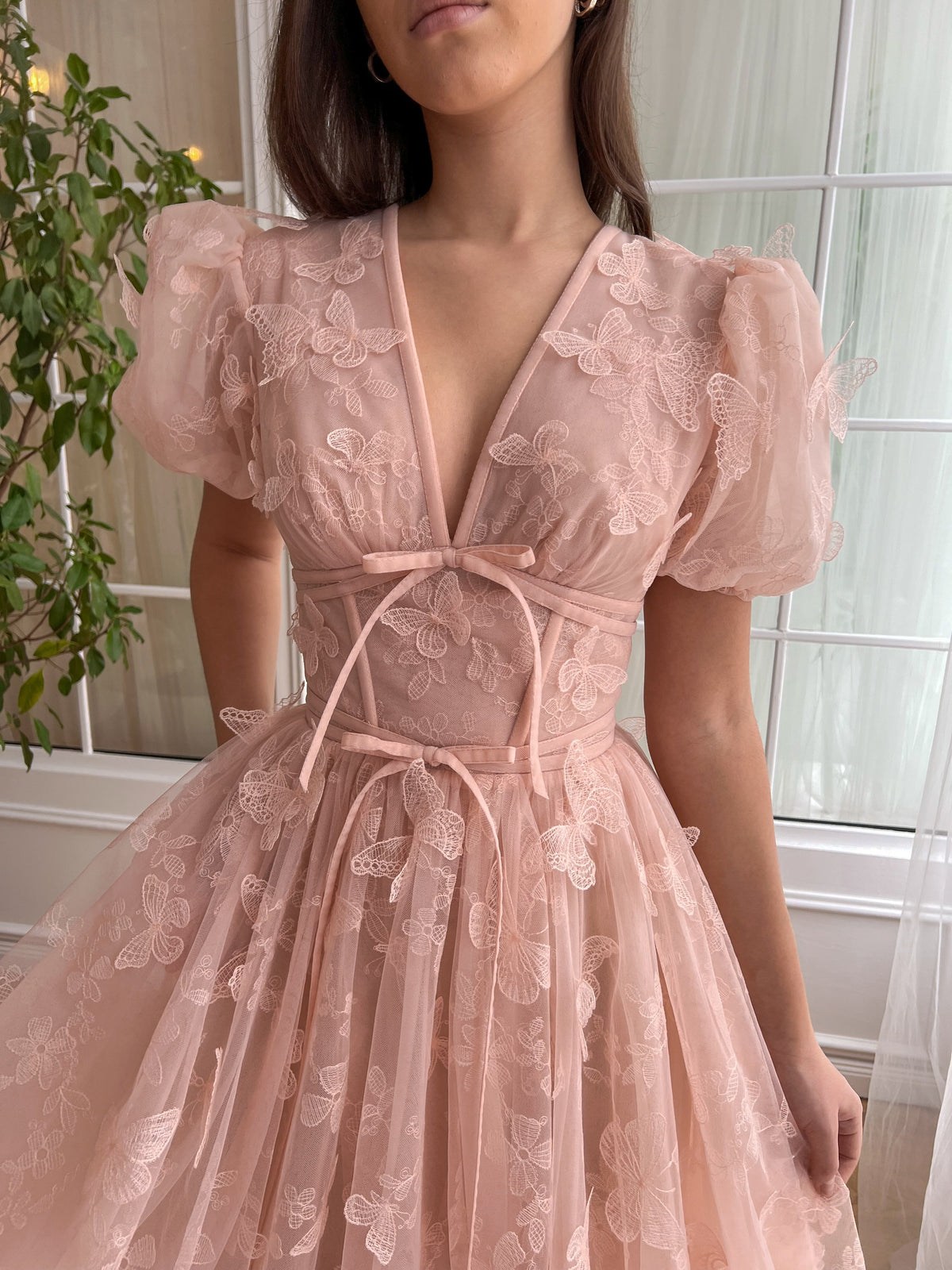 Dressime A Line V Neck Tulle Long Party Dress With Butterfly dressime