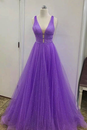 Dressime A Line V Neck Tulle Long Prom Dress With Thin Belt dressime