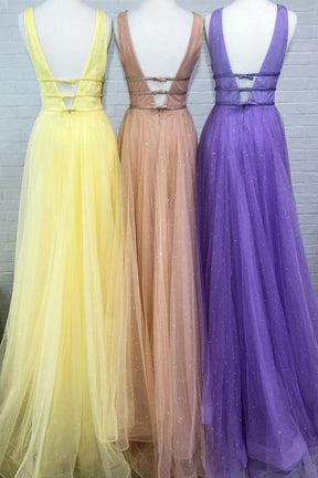 Dressime A Line V Neck Tulle Long Prom Dress With Thin Belt dressime