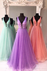 Dressime A Line V Neck Tulle Long Prom Dress With Thin Belt dressime