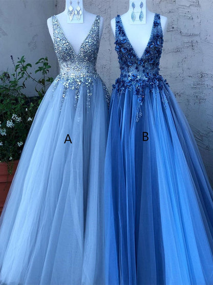 Dressime A Line V Neck Tulle Long Prom Dresses With Beaded dressime