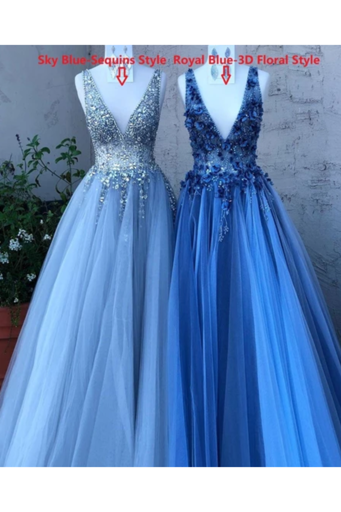 Dressime A Line V Neck Tulle Long Prom Dresses With Beaded dressime