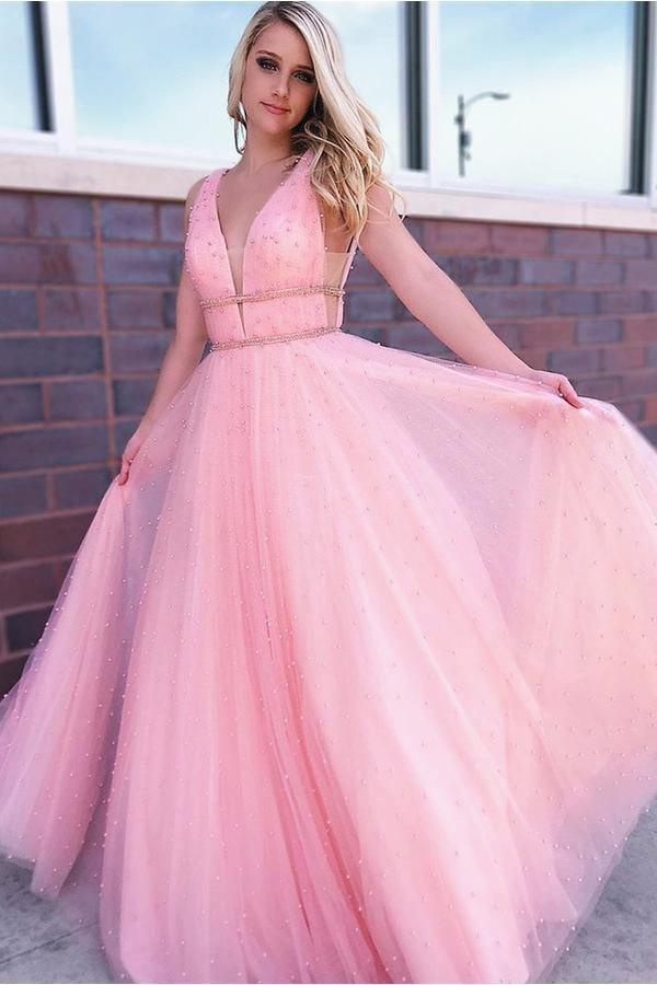 Dressime A Line V Neck Tulle Pearl Long Prom Dress dressime