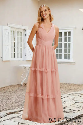 Dressime A Line V Neck Tulle Pleated Floor Length Bridesmaid Dress With Ruffle dressime