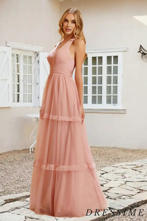 Dressime A Line V Neck Tulle Pleated Floor Length Bridesmaid Dress With Ruffle dressime