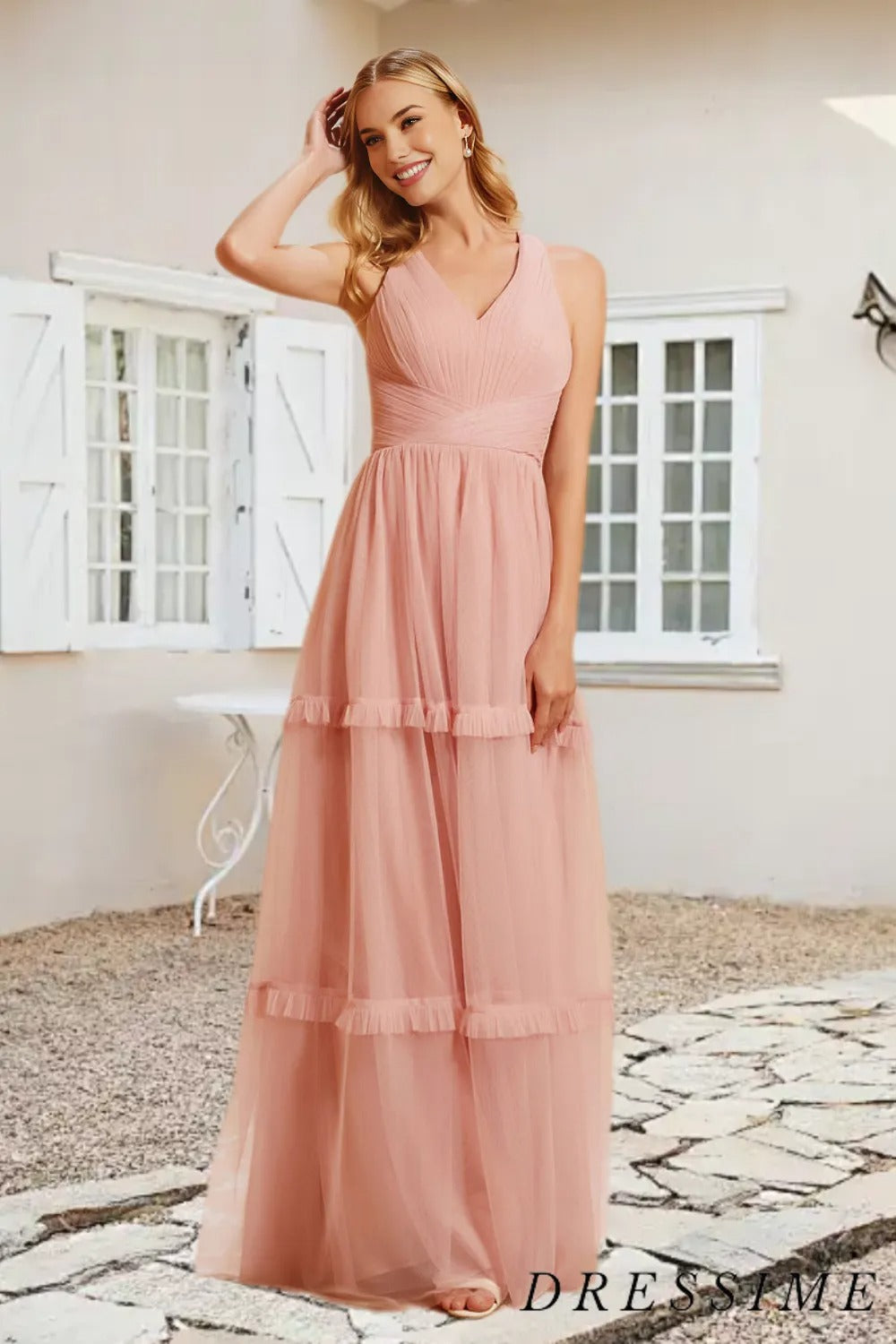 Dressime A Line V Neck Tulle Pleated Floor Length Bridesmaid Dress With Ruffle dressime