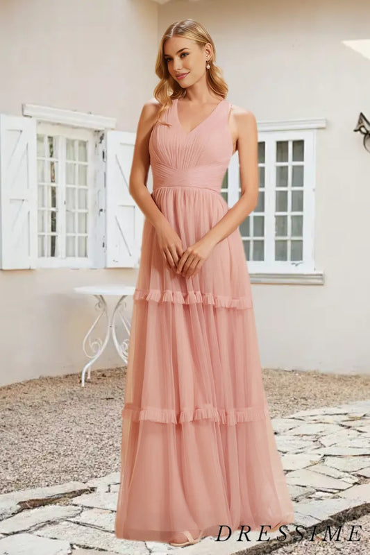 Dressime A Line V Neck Tulle Pleated Floor Length Bridesmaid Dress With Ruffle dressime