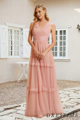 Dressime A Line V Neck Tulle Pleated Floor Length Bridesmaid Dress With Ruffle dressime