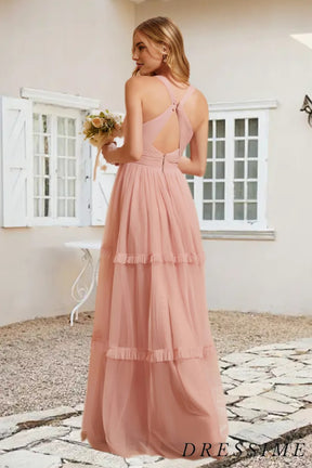 Dressime A Line V Neck Tulle Pleated Floor Length Bridesmaid Dress With Ruffle dressime