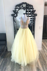 Dressime A Line V Neck Tulle Prom Dress With Beaded dressime