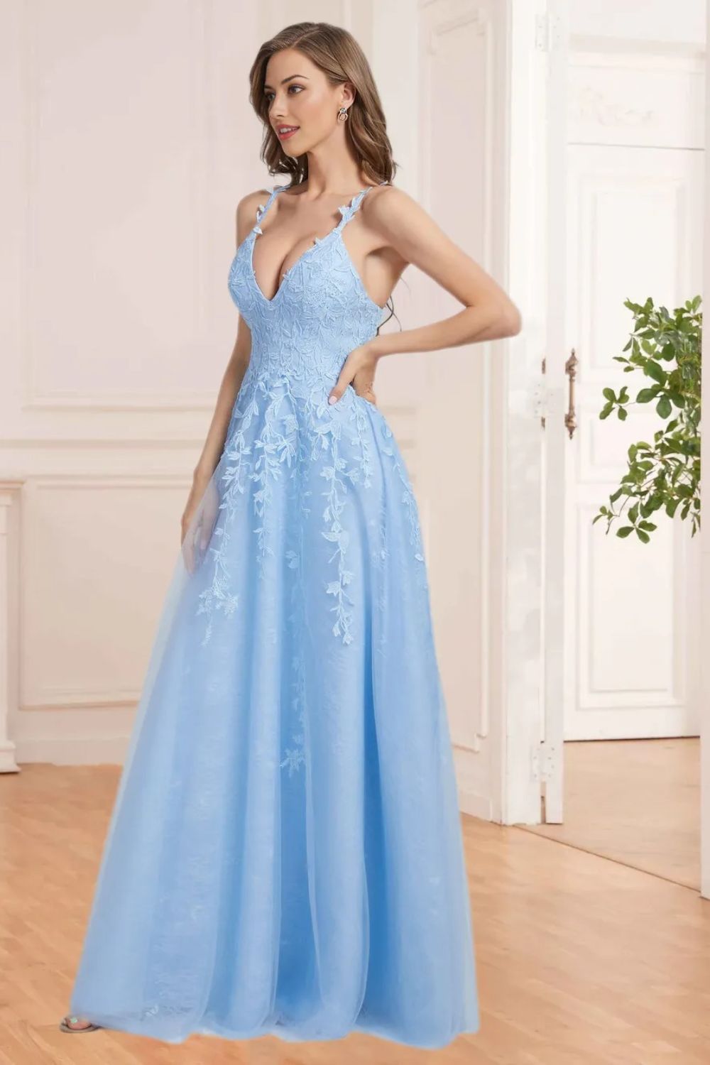 Dressime A Line V Neck Tulle Prom Dresses Lace Appliques Evening Dresses dressime