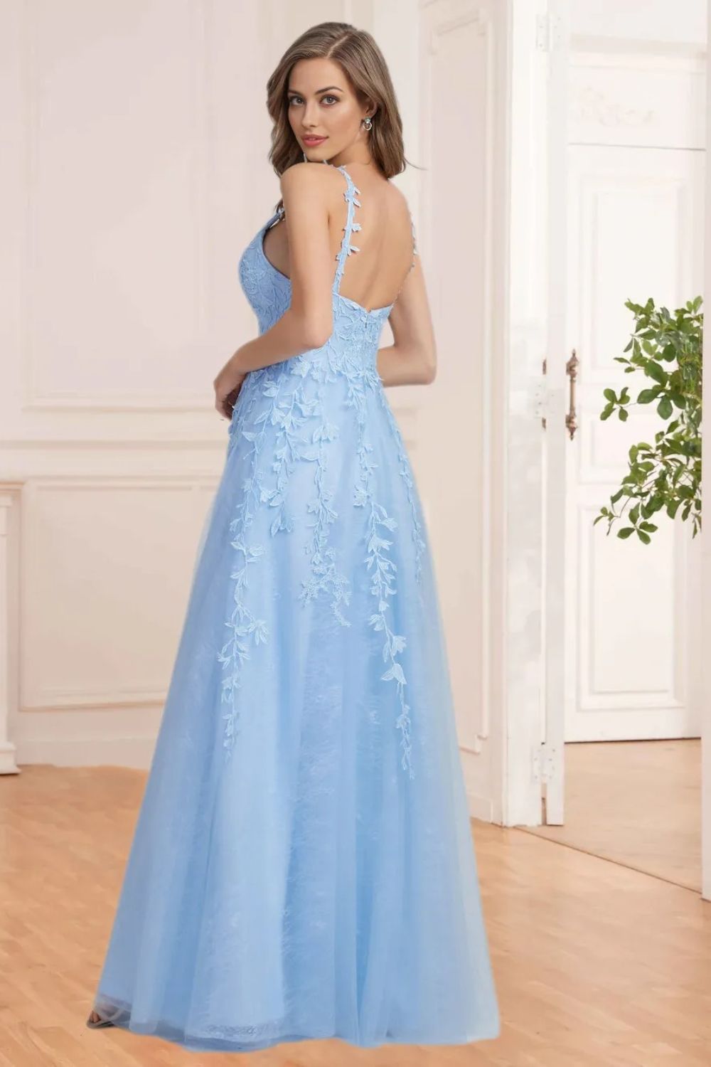 Dressime A Line V Neck Tulle Prom Dresses Lace Appliques Evening Dresses dressime