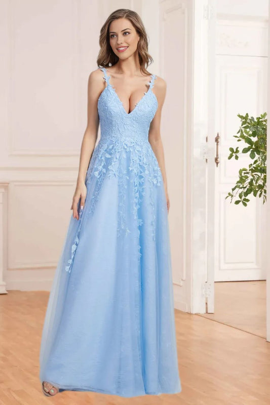 Dressime A Line V Neck Tulle Prom Dresses Lace Appliques Evening Dresses dressime