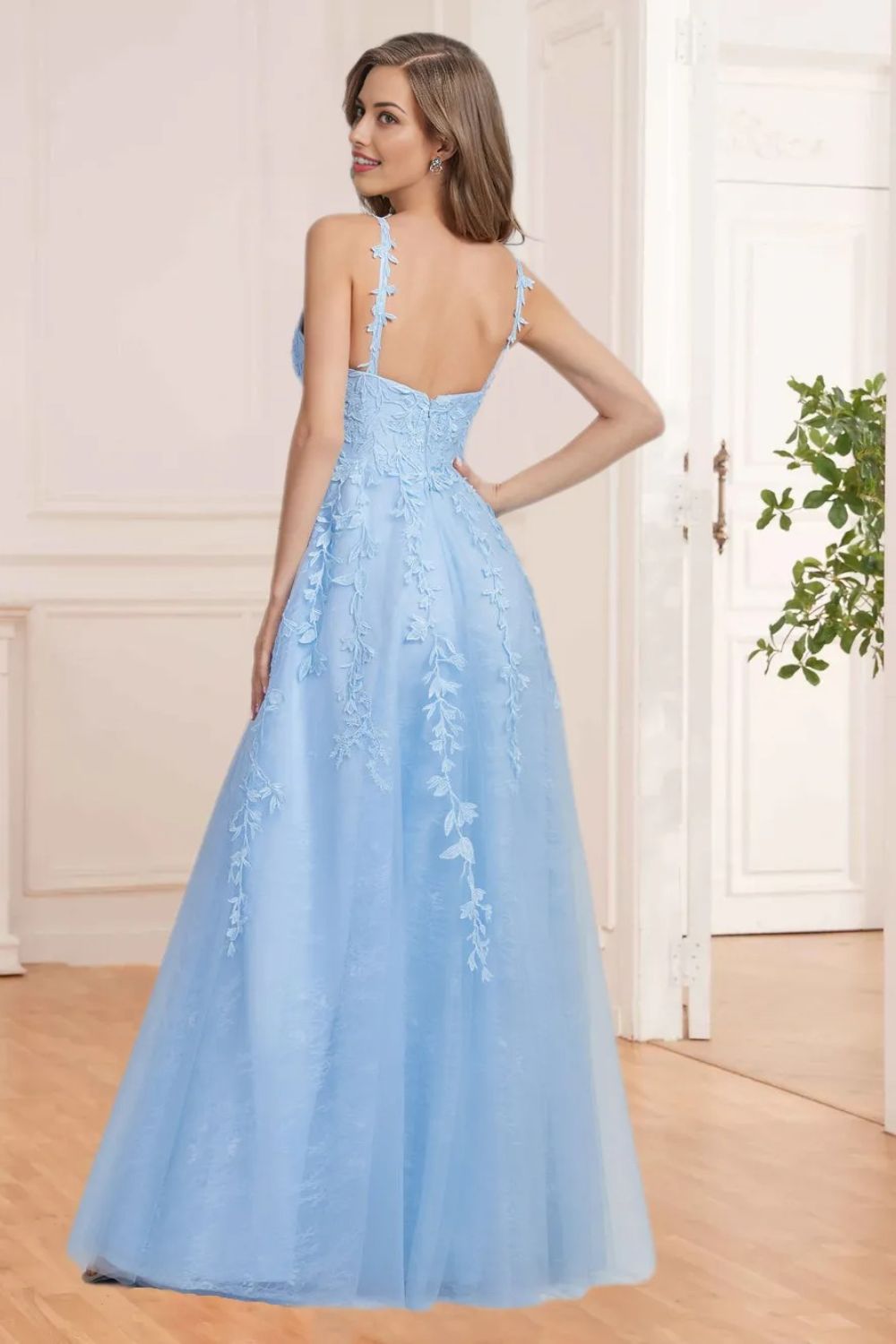 Dressime A Line V Neck Tulle Prom Dresses Lace Appliques Evening Dresses dressime